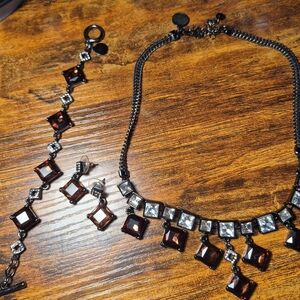 White House Black Market Copper Brown, Gun Metal Necklace Earrings & Bracelet